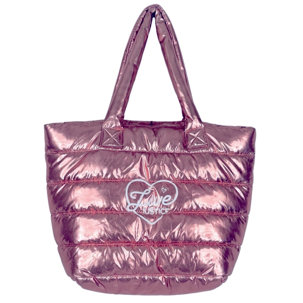 Justice Live Rose Pink Shiny Metallic Two Strap Puffer Tote Bag